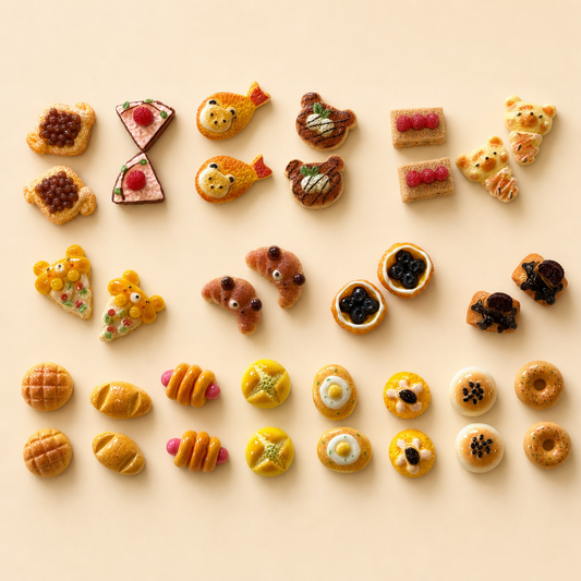 A flat-lay arrangement of many small, colorful baked goods and pastries on a warm cream background. The assortment includes mini breads, pastries, and cookies shaped like fish, pizza slices, croissants, bears, donuts, and other cute food designs.